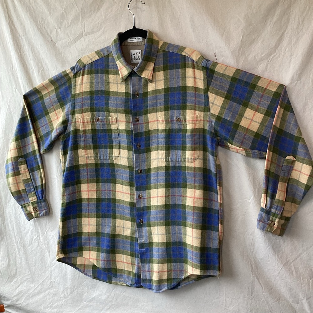 Vintage Saks 5th Avenue plaid button down shirt tailored in USA Fabric of Italy